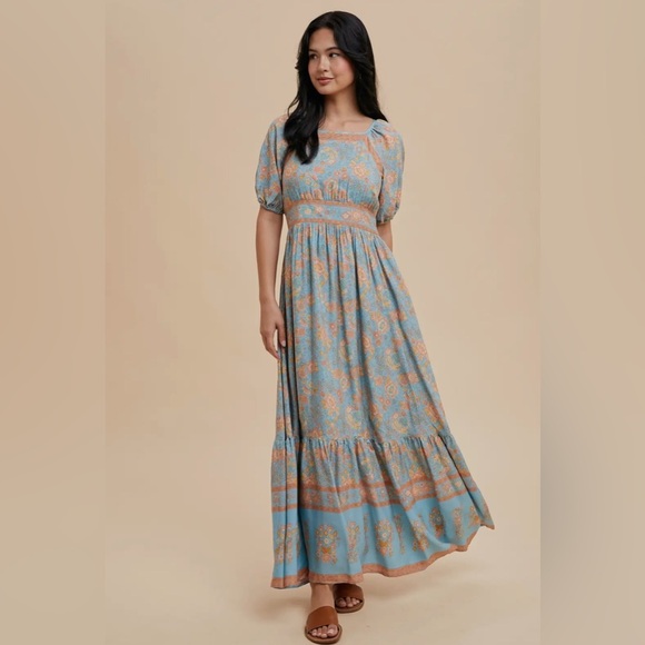 Elegant Boho hippie Blue Print Maxi dress - Picture 1 of 4
